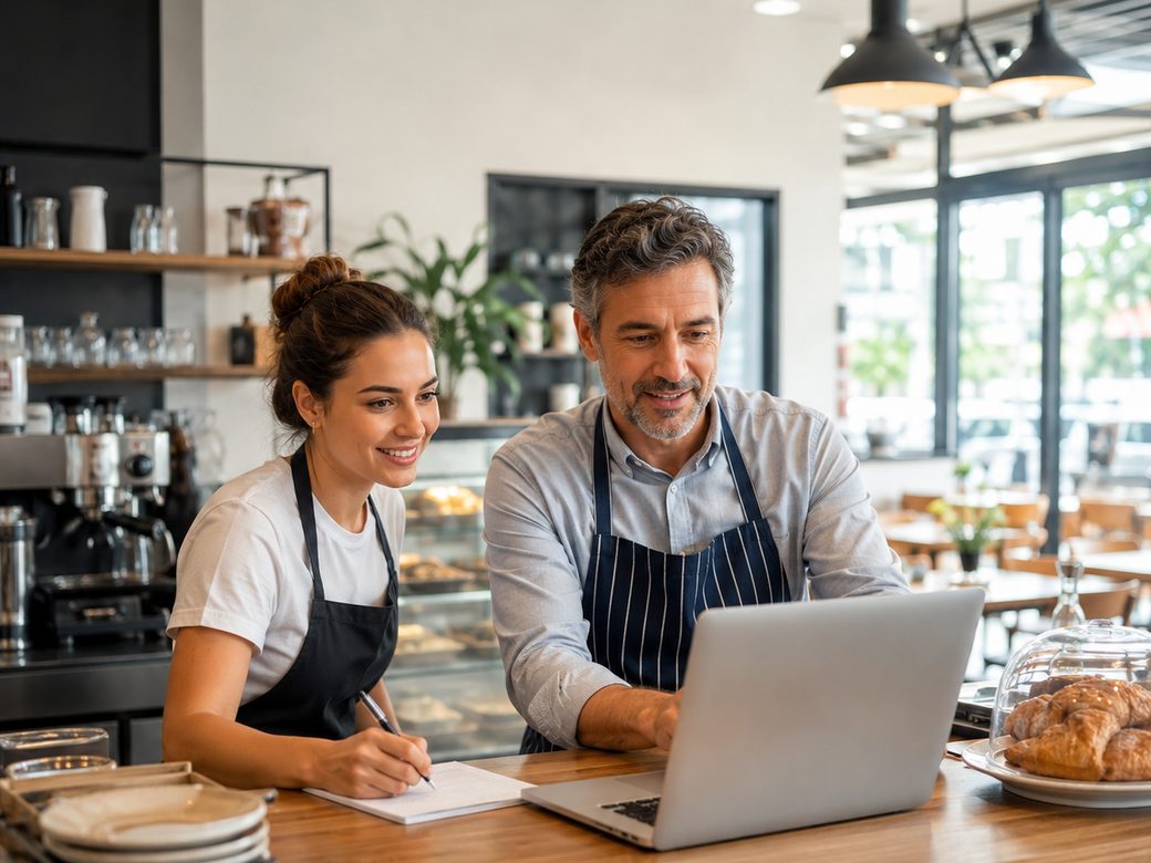 Dueño de una cafetería y su compañera revisando opciones de Internet en una laptop