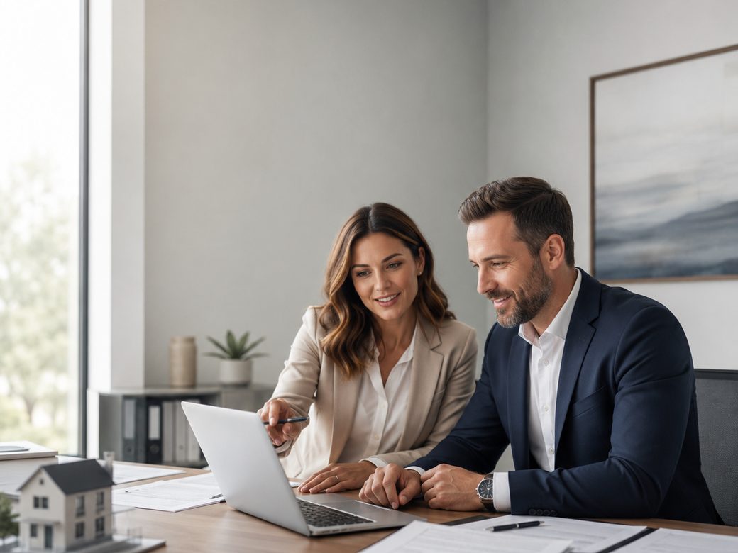 Pareja revisando en una laptop las opciones de Internet para su nueva casa