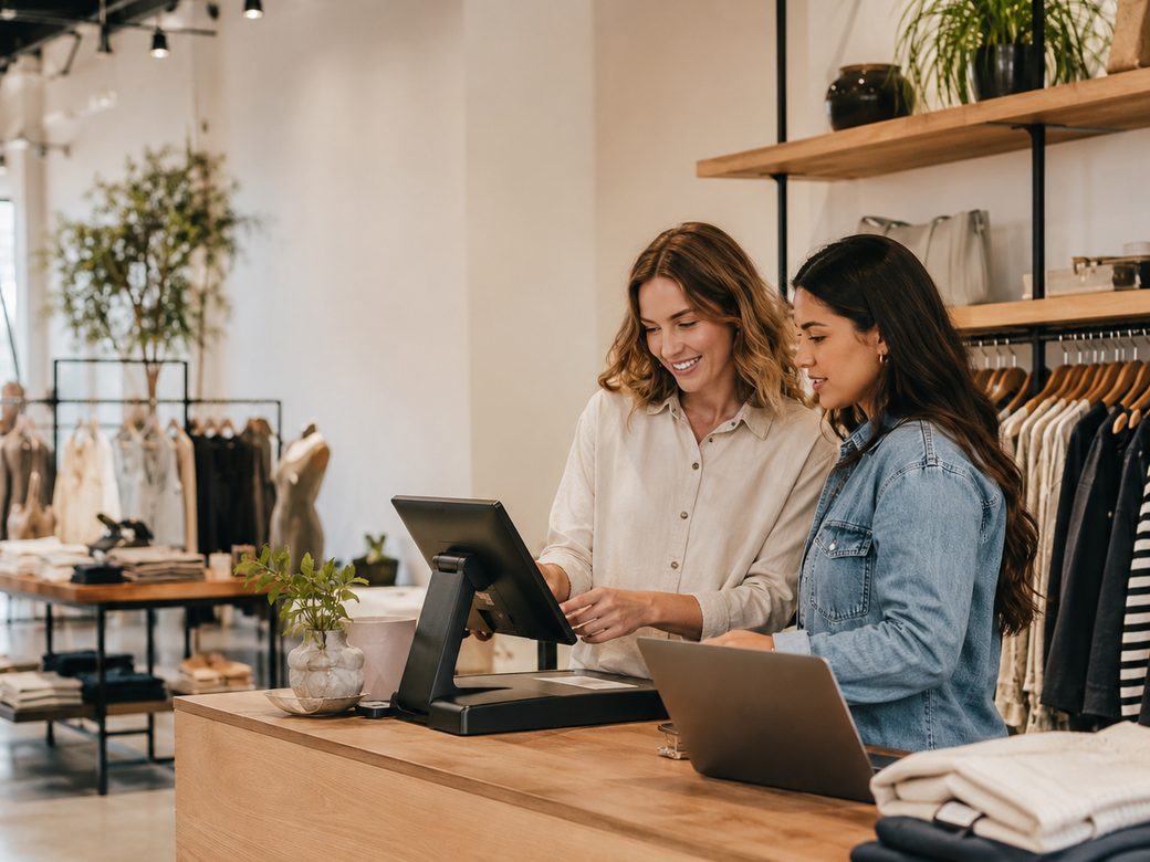 Dos empleadas de una tienda de ropa consultando información en el mostrador